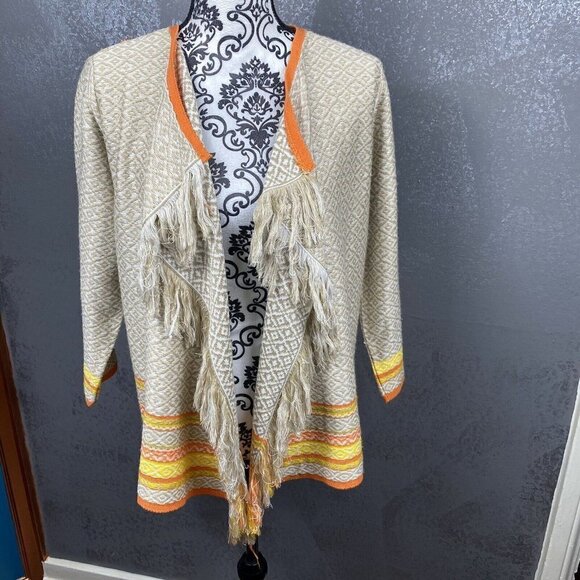 Ruby Rd Orange Yellow Brown Knit Fringe Trim Open Cardigan. Size Large - Picture 1 of 10